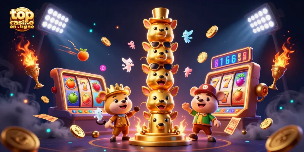 Jouez avec le top casino en ligne à travers une illustration 3D riche en éléments de machines à sous et de symboles gagnants.
