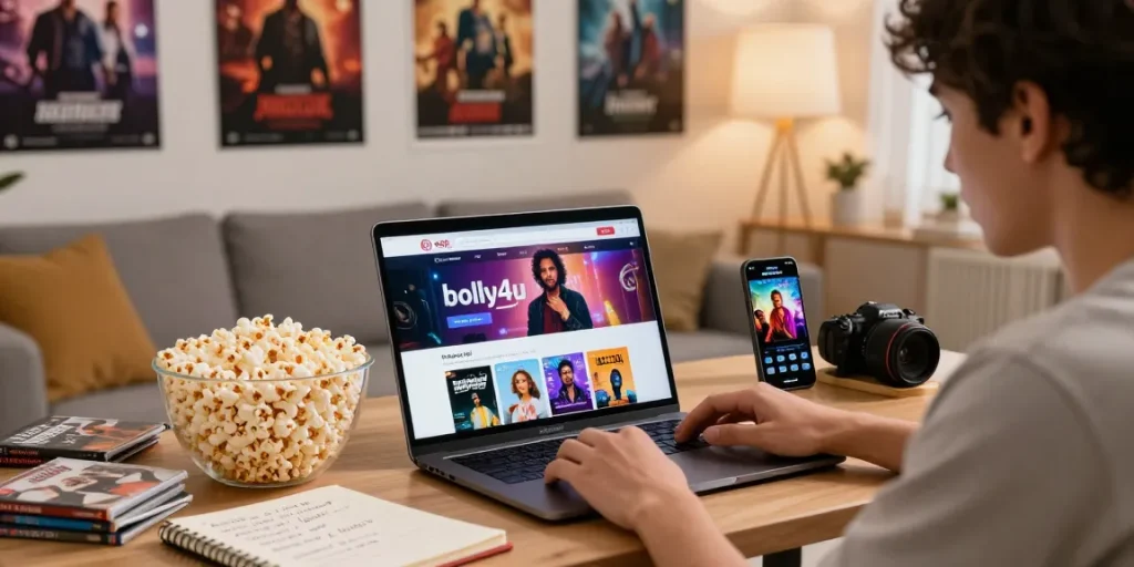 Enjoying bolly4u movies at home with a cozy setup, laptop streaming Bollywood films, and snacks.
