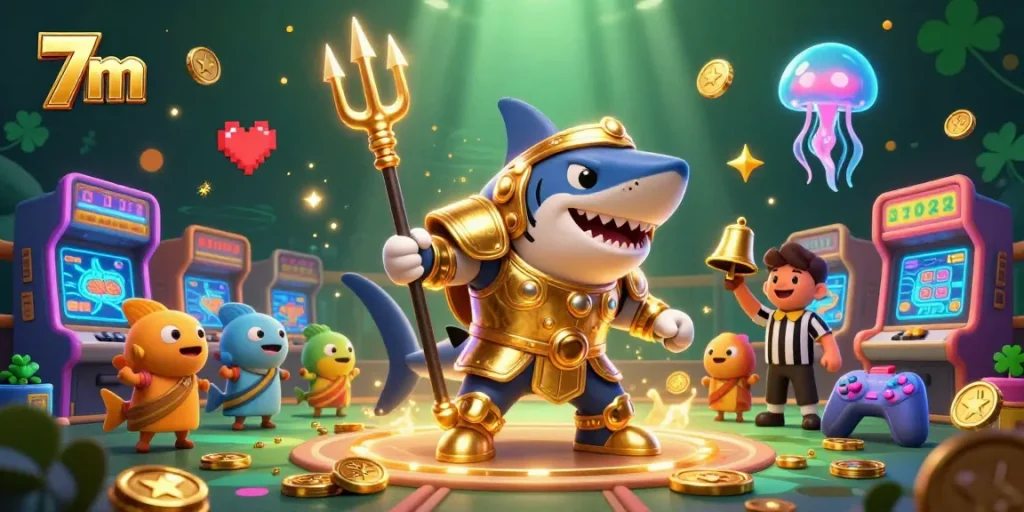 Engage with 7m's thrilling underwater casino experience featuring vibrant arcade games and a golden shark gladiator.