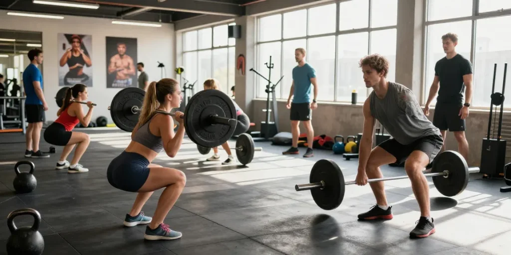 Training at Deus Medical Shop with athletes lifting weights and using gym equipment.