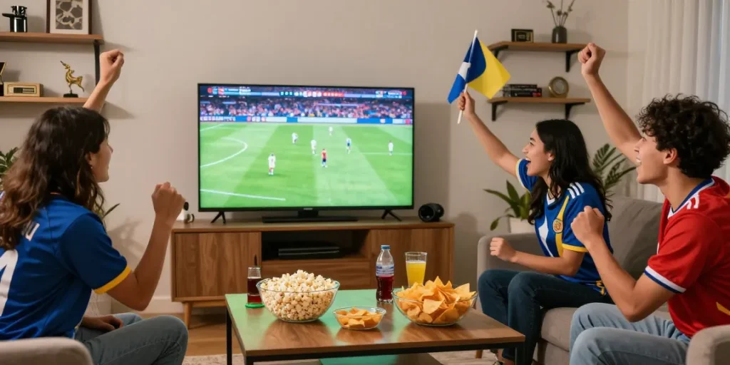 Friends enjoying a koora live football match in a vibrant living room filled with snacks and excitement.