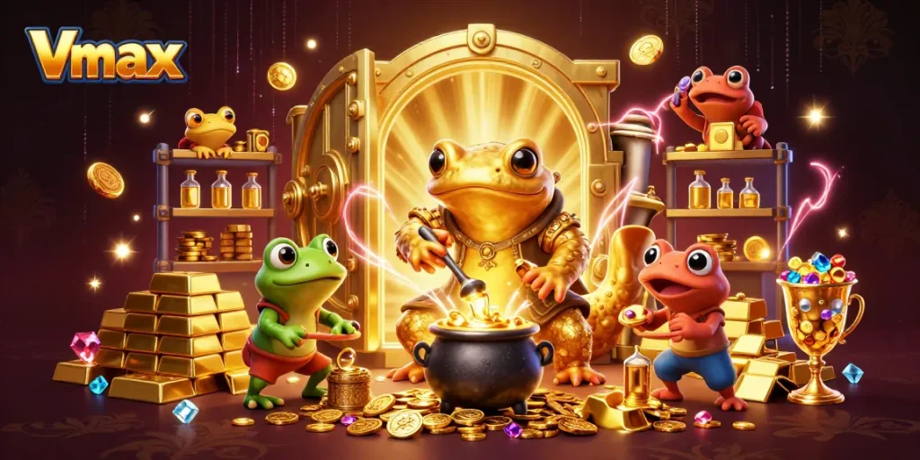 Experience thrilling Vmax gameplay with golden elements in this fantastical casino scene.