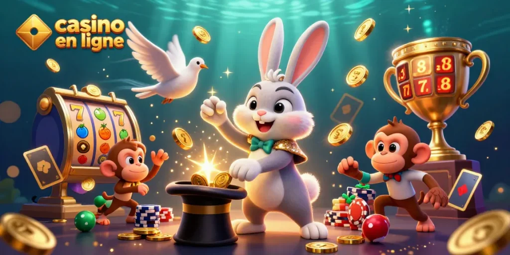 Retrouvez le meilleur du casino en ligne avec un magicien, un assistant et un singe entourés de jeux