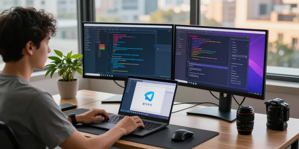 Workspace with a developer coding on 纸飞机中文版 interface, vibrant tech environment with dual monitors and modern gadgets.