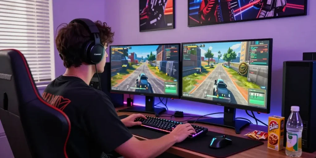 Gamer immersed in creating FiveM Scripts on multiple monitors with vibrant graphics.