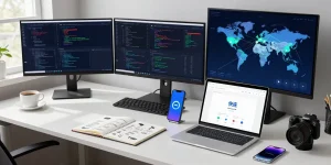 快连应用的开发工作环境，显示网络性能监控与高效编程代码。