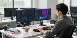 Developer at a modern workspace focusing on coding tasks with dual monitors, related to teiegramin.com.
