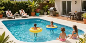 Enjoying a family day by the pool while emphasizing the importance of održavanje bazena for clear and safe water.