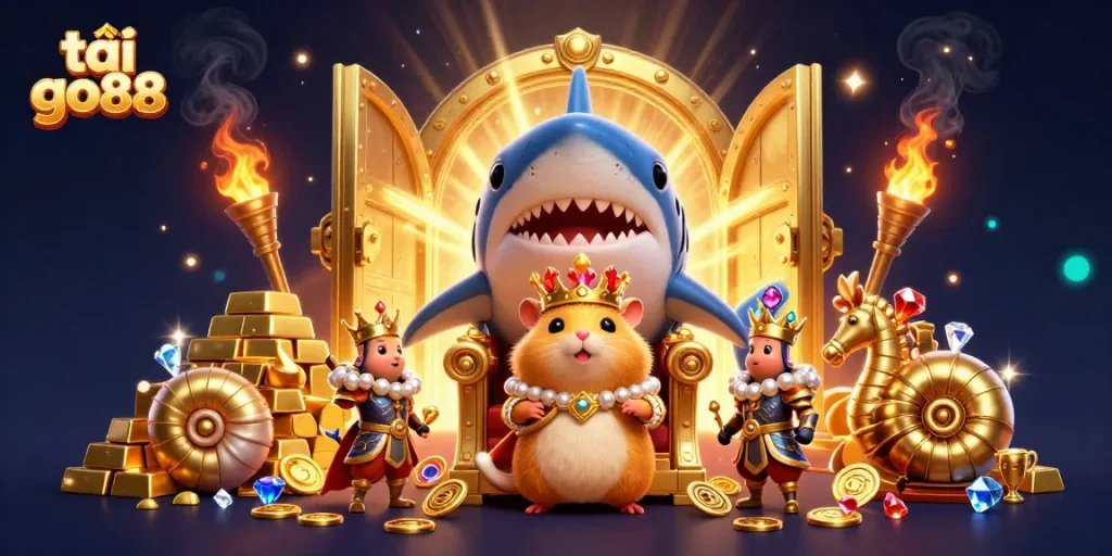 Engage with the vibrant world of tải go88, featuring a golden hamster king and treasure elements.