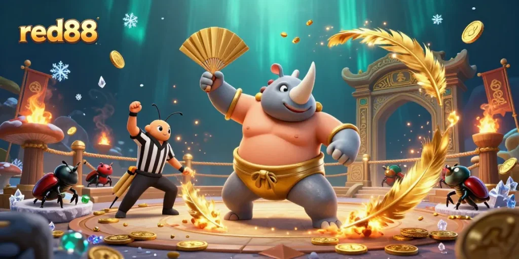 red88 features a powerful sumo beetle champion in a vibrant casino arena with flying coins and spectators!