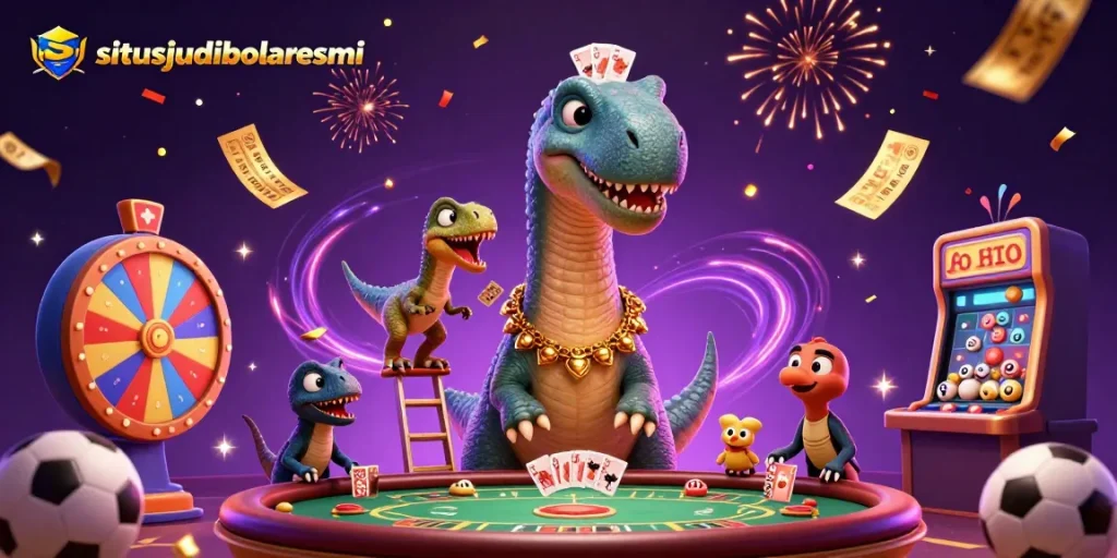 Engage in exciting sports betting with situsjudibolaresmi's dynamic casino illustration featuring vibrant game elements.