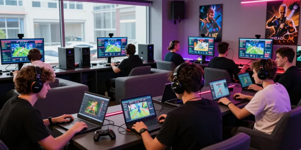 NAGA2000 DAFTAR gaming lounge with enthusiastic players enjoying competitive gameplay.