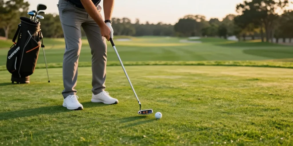 NAGA2000 di https://puttperfection.com/putter-reviews saat golfer fokus pada putt di lapangan hijau bercahaya kuning senja.