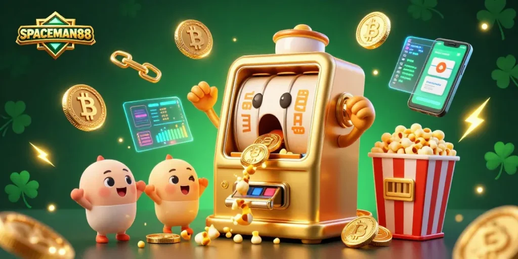 SPACEMAN88 slot machine celebrates winning jackpot as coins fall, surrounded by cryptocurrency elements and vibrant visuals.