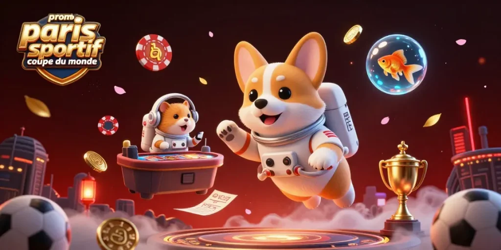 Promotion des paris sportifs Coupe du Monde avec un corgi astronaute et un hamster