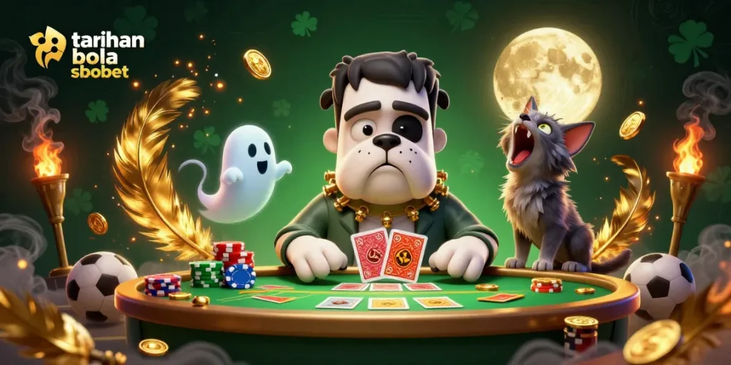 Experience taruhan bola sbobet excitement with a Frankenstein bulldog dealer and spooky casino elements.