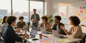 Team of creators collaborating to buy real TikTok views in a vibrant office setting