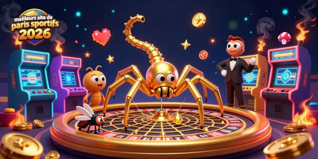 Pariez sur les meilleurs sites de paris sportifs 2026 avec une araignée dorée et un croupier centipède.