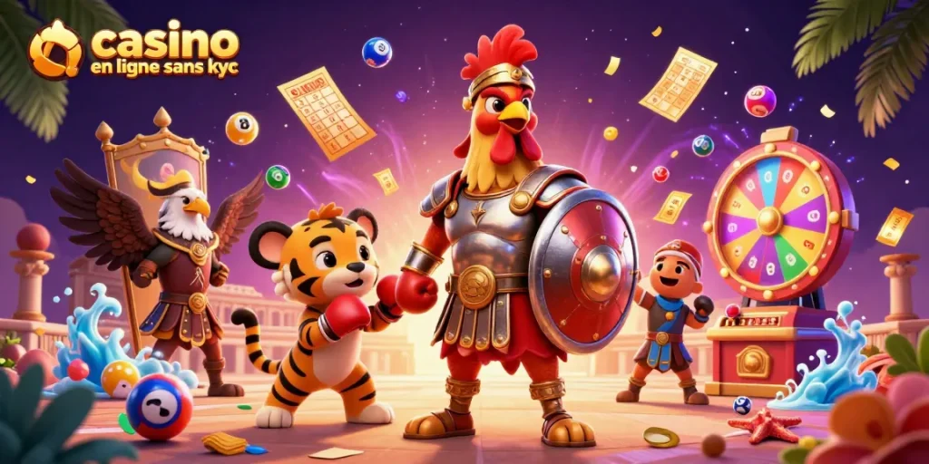Une scène dynamique de casino en ligne sans kyc avec un coq gladiateur et des boules de loto colorées.