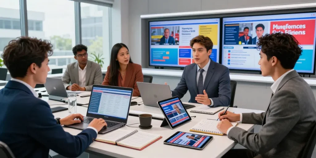 Journalists showcasing the latest news updates on https://www.theindaily.com in a vibrant news studio.