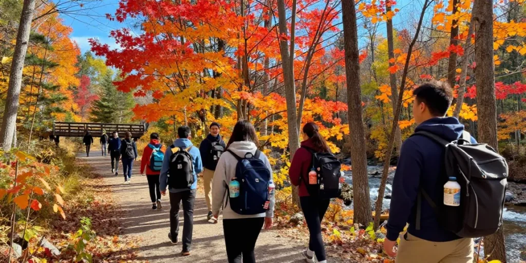 Serge Robichaud hiking with friends in vibrant New Brunswick fall foliage, showcasing outdoor activity and camaraderie.