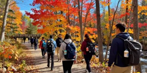 Serge Robichaud hiking with friends in vibrant New Brunswick fall foliage, showcasing outdoor activity and camaraderie.