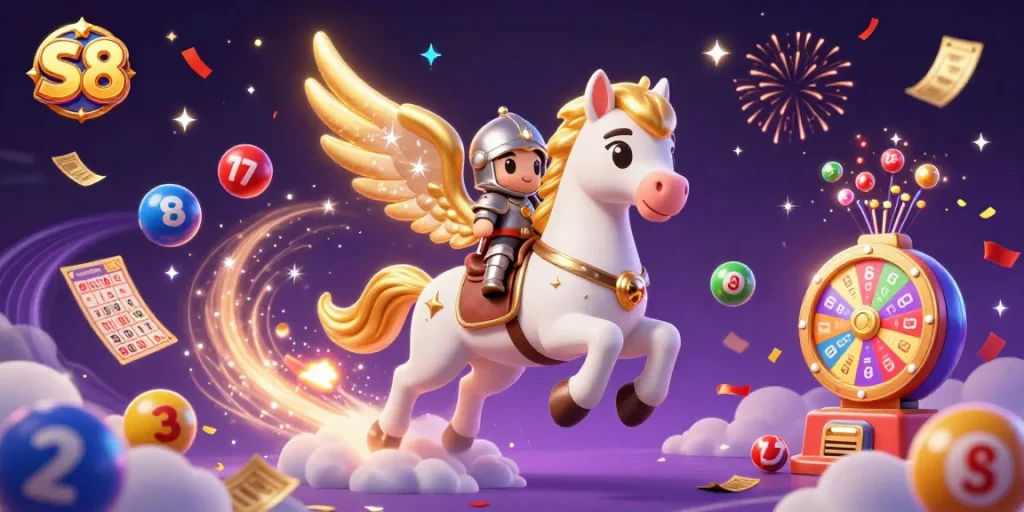 Experience the thrill of S8 with vibrant games and celestial elements in this dynamic casino illustration.