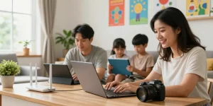 Familia usando etb internet hogar Medellín en una oficina en casa llena de luz.