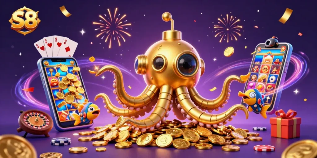 S8 engages players in thrilling casino action amidst golden coins and vibrant gaming elements.