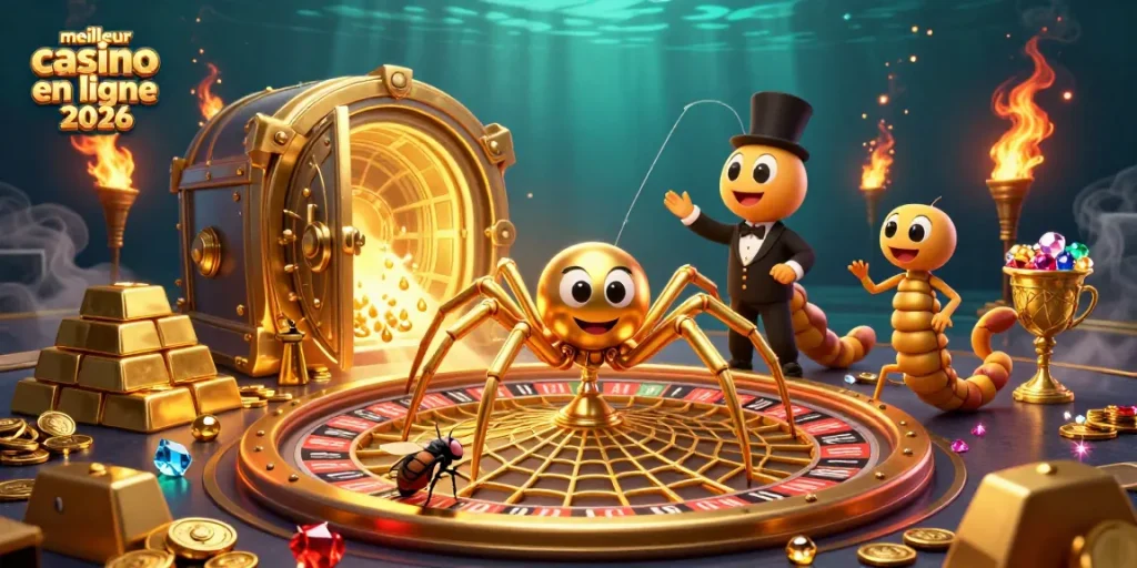 Pariez au meilleur casino en ligne 2026 avec une araignée dorée et un croupier centipède.