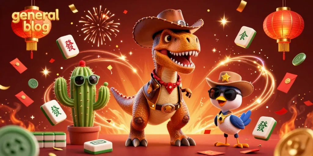 A vibrant general blog scene with T-Rex and friends engaging in a festive casino atmosphere filled with floating game elements.