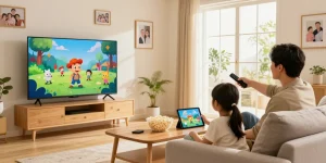 Expérience IPTV en famille dans un salon moderne avec une télévision connectée.