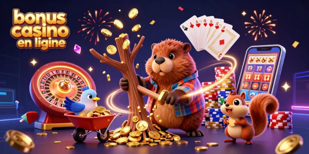 Bonus casino en ligne : illustration 3D d'un castor en train de couper un arbre tombant des pièces d'or.