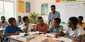 Students studying collaboratively for the 2026 waec expo in an inviting classroom, engaged in interactive learning.