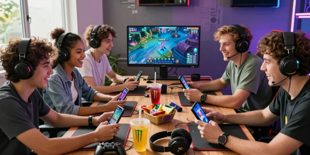 INDOCAIR gaming scene showcasing friends enjoying multiplayer games across devices.