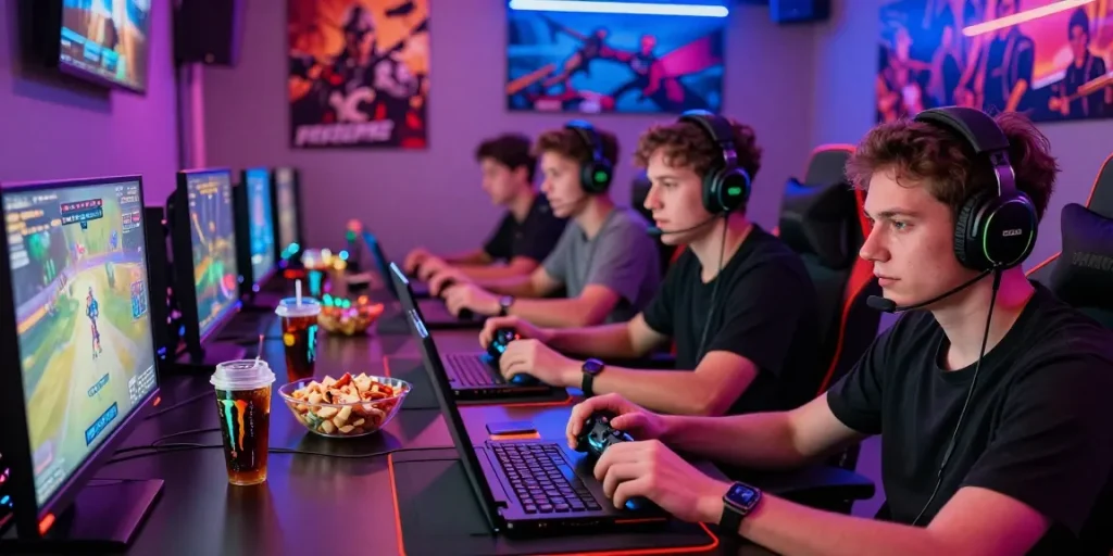Friends engrossed in gaming at 7meter lounge with vibrant LED lights and consoles.