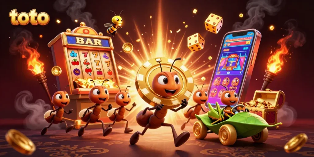 Karakter toto sedang berburu kemenangan dengan chip poker emas raksasa dalam ilustrasi kasino 3D yang penuh warna.